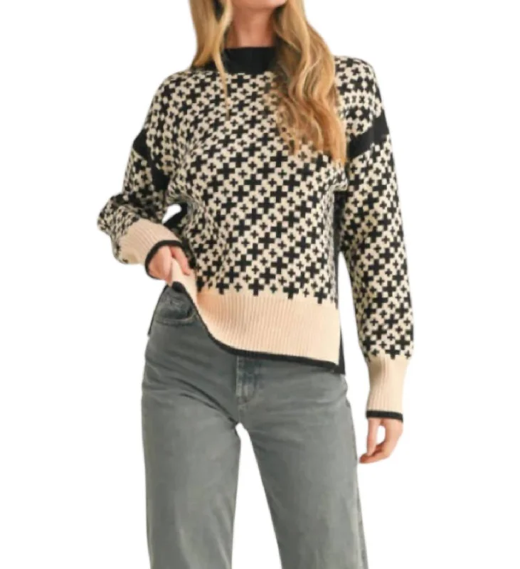 Mock Neck Geo Pattern Pullover Sweater In Black Satin Blend Silk Blend Wool Blend