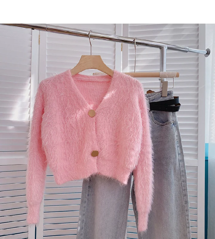Mohair sweater gentle temperament solid V-neck short long sleeve 6138 Sequined Glittery Shiny Mohair sweater gentle temperament solid V-neck short long sleeve 6138 Sequined Glittery Shiny