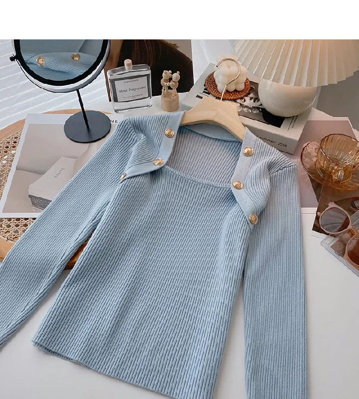 Net red design double breasted square neck sweater 6537 Lightweight Heavyweight Midweight Net red design double breasted square neck sweater 6537 Lightweight Heavyweight Midweight