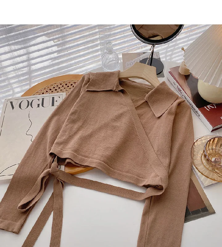 Niche design cross Lapel strap short sweater 6478 Satin Fabric Silk Fabric Chiffon Fabric Niche design cross Lapel strap short sweater 6478 Satin Fabric Silk Fabric Chiffon Fabric