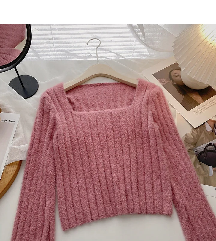 Niche design pit stripe sweater slim square neck top 6156 High Neck Crew Neck V-Neck Niche design pit stripe sweater slim square neck top 6156 High Neck Crew Neck V-Neck