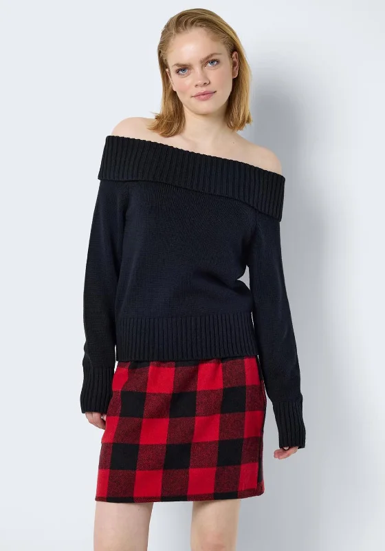 Noisy May Lima Off The Shoulder Jumper, Black Solid Print Embellished