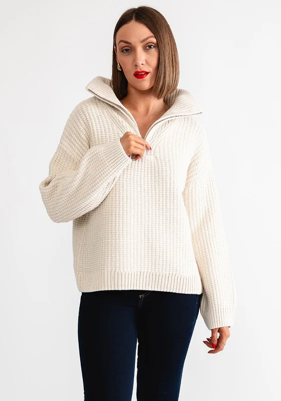 Object Tina Knit Half Zip Jumper, Cream Chenille Blend Fleece Blend Nylon Blend