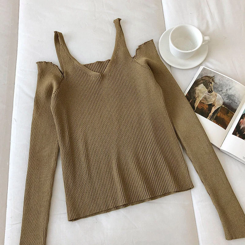 Off shoulder suspender long sleeve slim fit sweater for women 6462 Fleece Sweater Nylon Polyester Off shoulder suspender long sleeve slim fit sweater for women 6462 Fleece Sweater Nylon Polyester