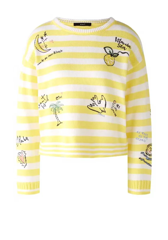 Oui Striped Embroidered Cotton Jumper, Yellow Layered Multi-layer Single Layer