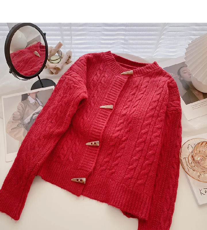 Ox horn button round neck twist sweater  6169 Spandex Rayon Corduroy