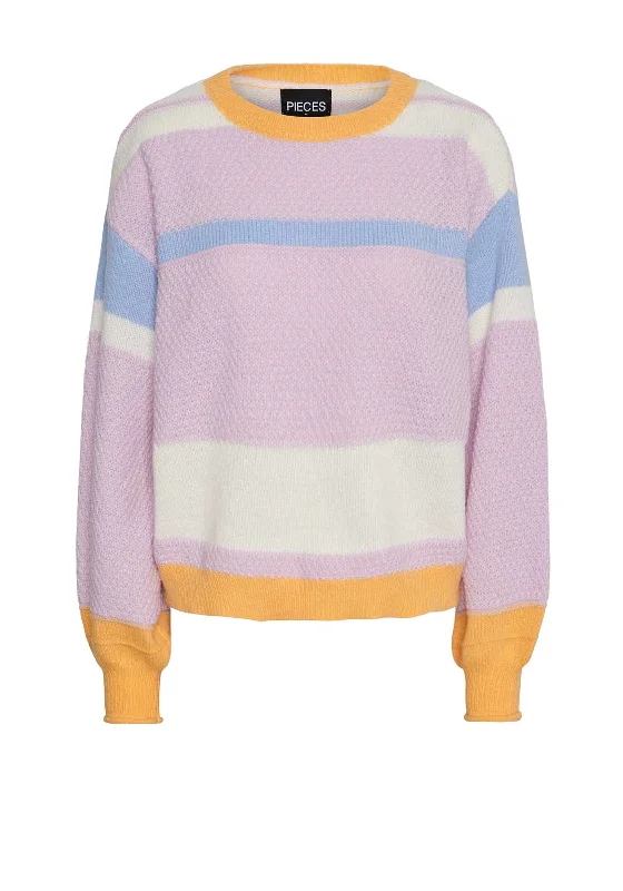 Pieces Alisa Colour Block Striped Jumper, Pink Lavender Boxy Sweater Fitted Sweater A-Line Pieces Alisa Colour Block Striped Jumper, Pink Lavender Boxy Sweater Fitted Sweater A-Line