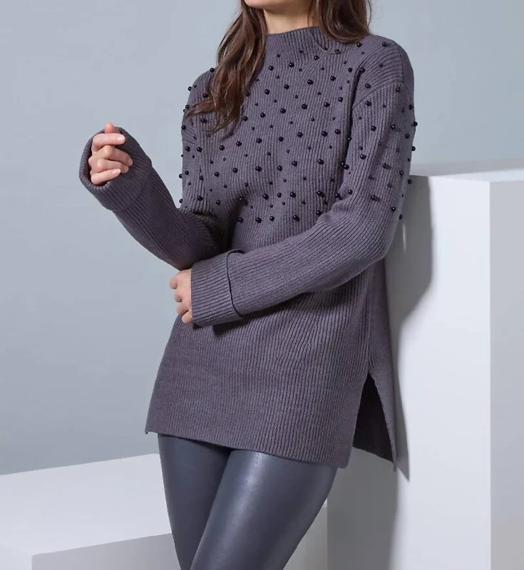 Pearl Accented Sweater Top In Grey Satin Fabric Silk Fabric Chiffon Fabric