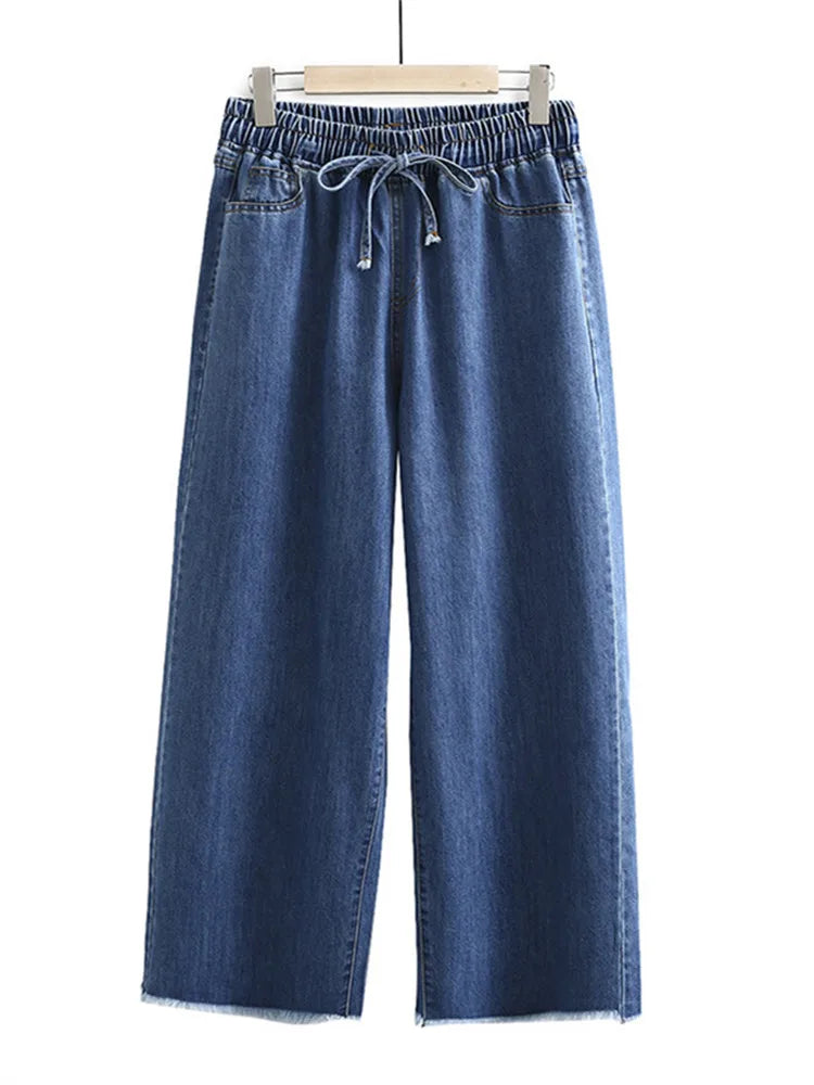 Plus Size Women's Jeans Elastic Waist Sand Washed Non-Stretch Straight Leg Trousers Fashionable Distressed Jeans Plus Size Women's Jeans Elastic Waist Sand Washed Non-Stretch Straight Leg Trousers Fashionable Distressed Jeans