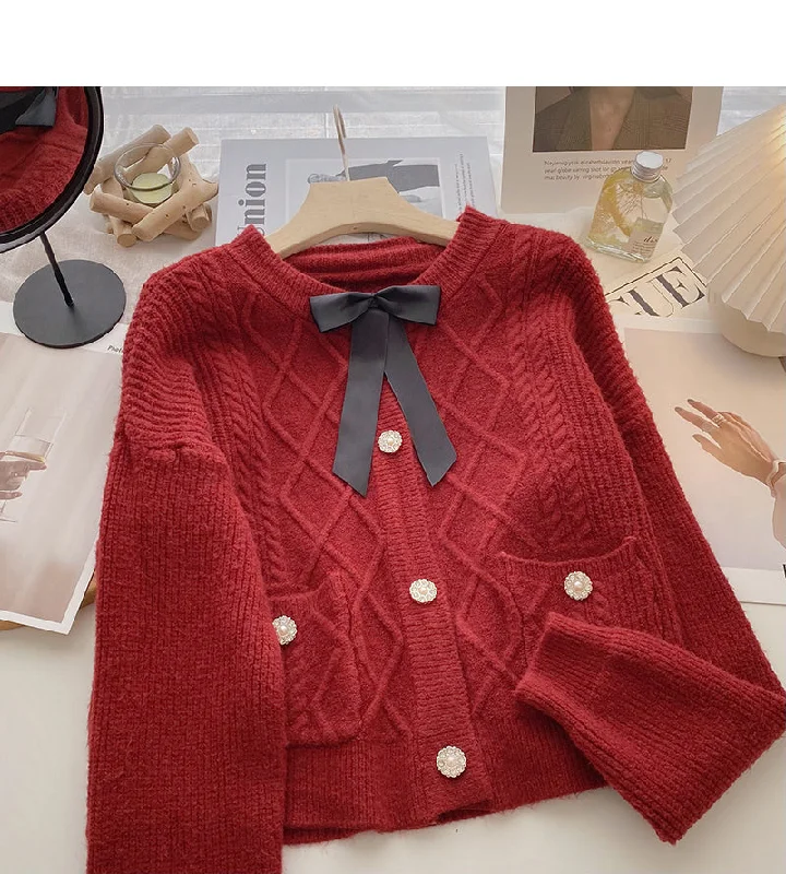 Round neck Vintage bow sweater coat  6195 Slim Fit Regular Fit Oversized