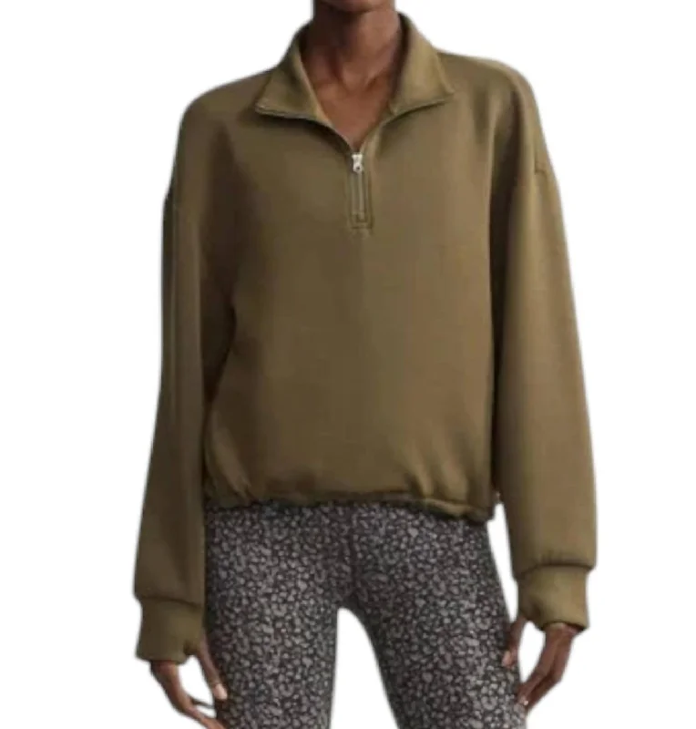 Sian Cropped Half Zip Midlayer Sweater In Dark Olive Ribbed Striped Patterned
