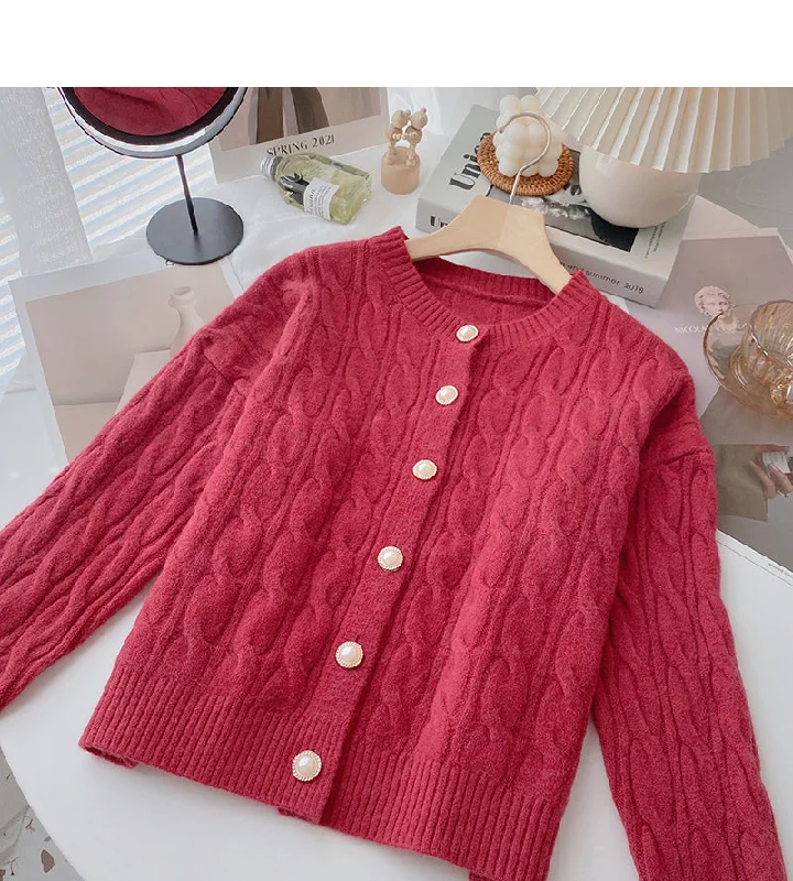Single breasted crew neck solid twist sweater coat  6175 Toggled Drawstring Belted