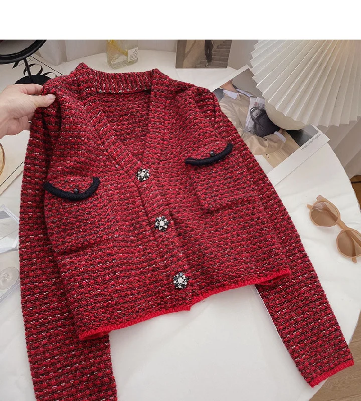 Small fragrance retro red sweater cardigan female  6126 Real Fur Shearling Chenille