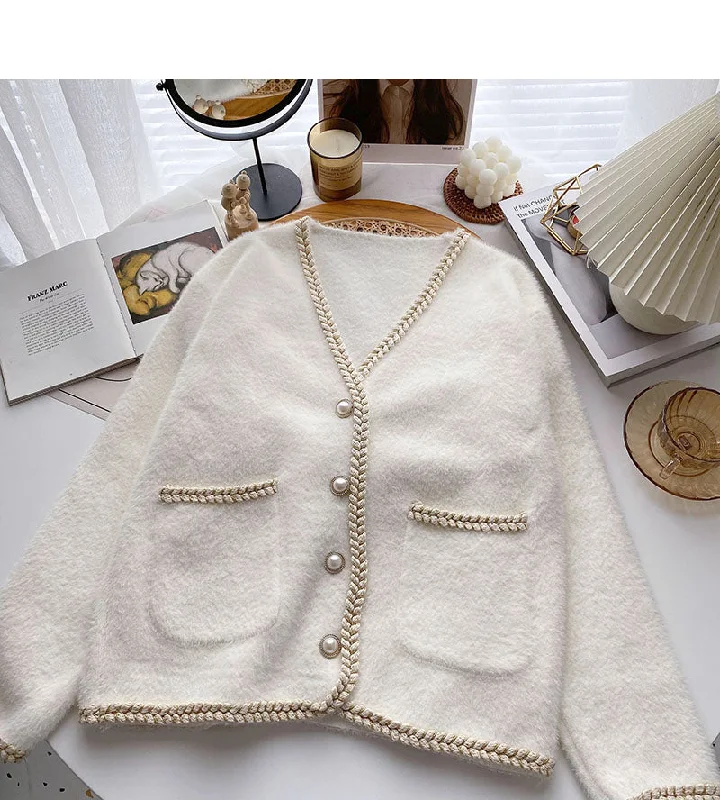 Small fragrance sweater design sense twist V-Neck long sleeve coat 6112 Chenille Fabric Brocade Fabric Lace Fabric Small fragrance sweater design sense twist V-Neck long sleeve coat 6112 Chenille Fabric Brocade Fabric Lace Fabric