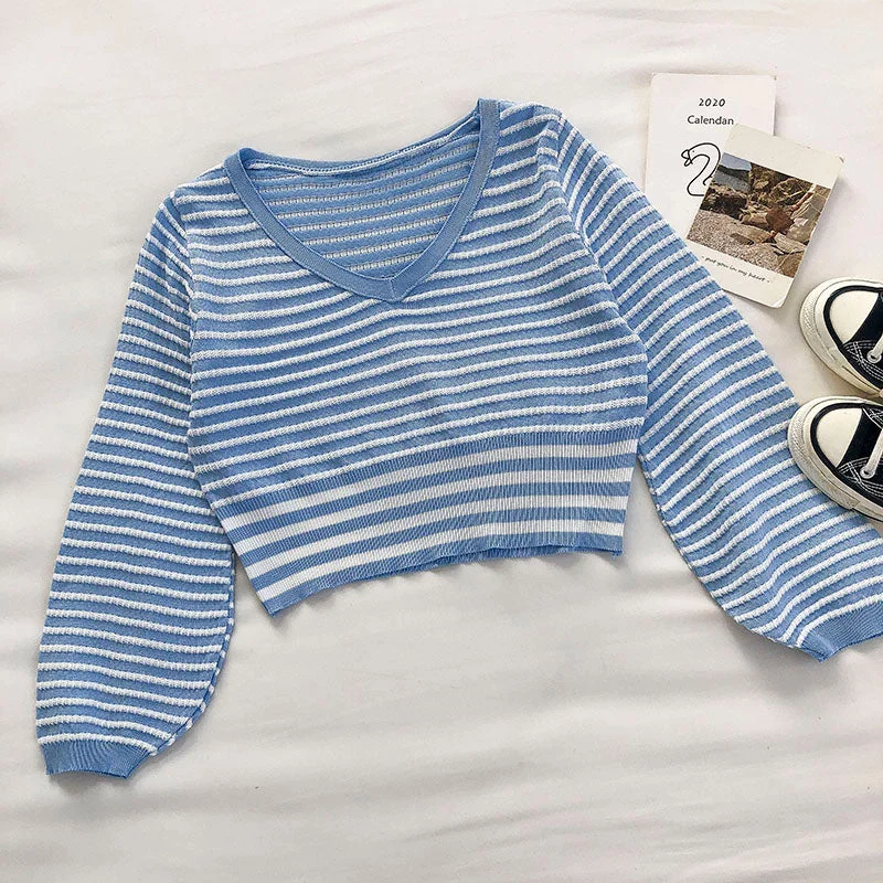 Small fresh stripe knitted sweater Lantern Sleeve short top 6543 Wool Fabric Cashmere Fabric Tweed Fabric Small fresh stripe knitted sweater Lantern Sleeve short top 6543 Wool Fabric Cashmere Fabric Tweed Fabric