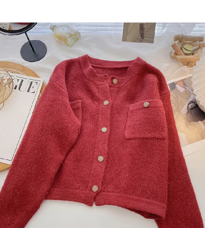 Solid gold round neck sweater small fragrance single breasted top 6166 Soft Cozy Warm Solid gold round neck sweater small fragrance single breasted top 6166 Soft Cozy Warm