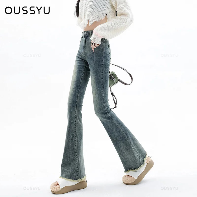 Spring Summer Flared Jeans Women Cotton Vintage Blue Denim Pants Elegant Skinny Leg Jeans Spring Summer Flared Jeans Women Cotton Vintage Blue Denim Pants Elegant Skinny Leg Jeans