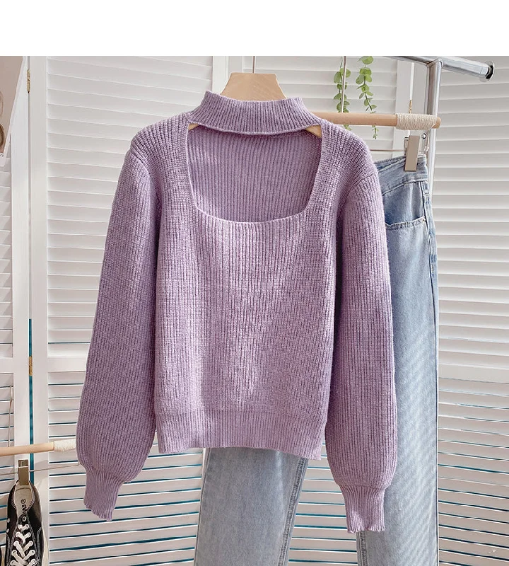 Stand collar hollowed out Lantern Sleeve Sweater  6177 Polka Dot Checkered Tartan