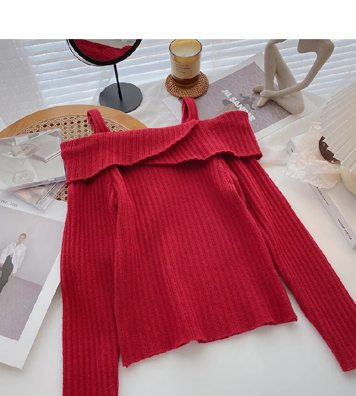Straight neck irregular thin suspender long sleeve sweater 6444 Satin Blend Silk Blend Wool Blend Straight neck irregular thin suspender long sleeve sweater 6444 Satin Blend Silk Blend Wool Blend