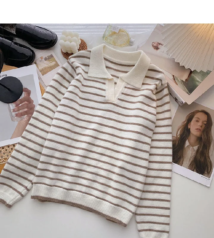 Striped knitted Pullover Sweater lazy temperament thin top 6571 Hooded Caped Shawl Collar Striped knitted Pullover Sweater lazy temperament thin top 6571 Hooded Caped Shawl Collar