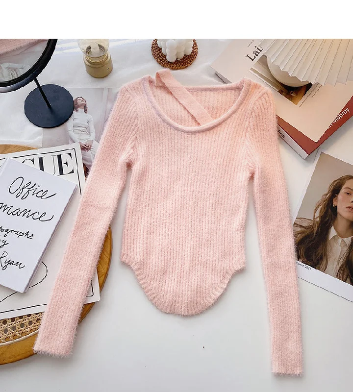 Temperament imitation mink sweater fitted sweater  6487 Toggled Drawstring Belted