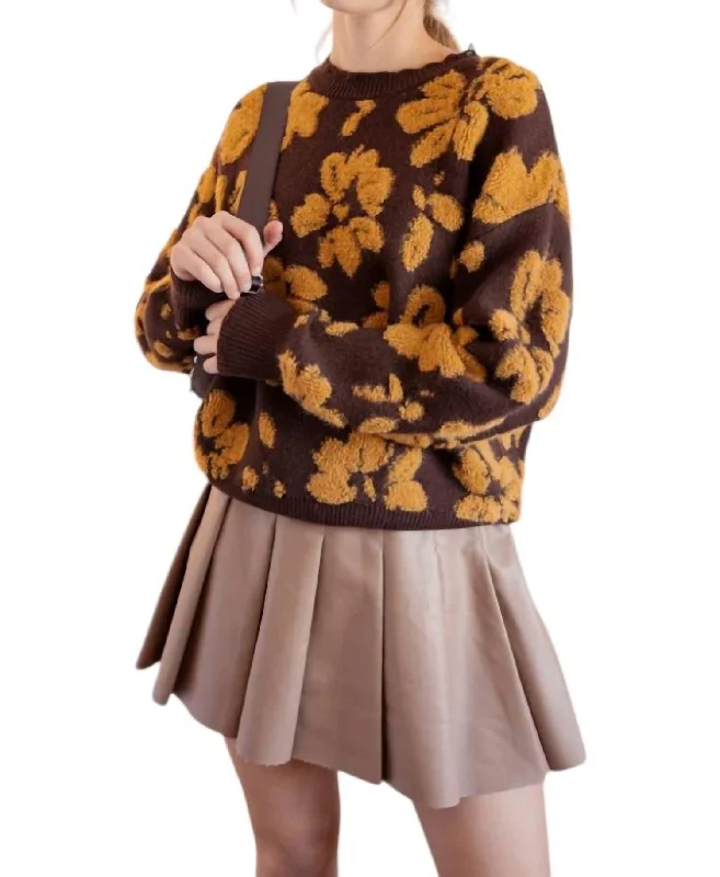That 70's Flower Sweater In Brown/mustard Oversized Loose Flowy
