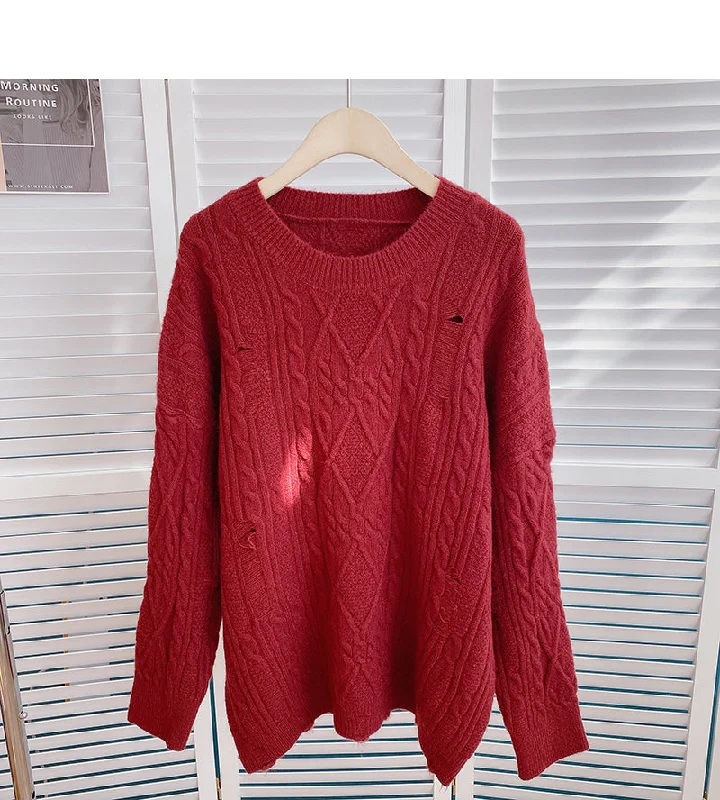 Twist solid color knitted sweater women's lazy style  6158 Tailored Straight A-Line