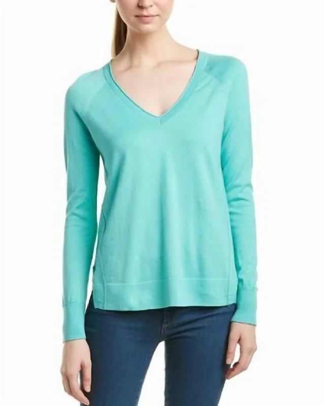 V-Neck Pullover Cotton Side Slits Sweater In Blue Satin Blend Silk Blend Wool Blend