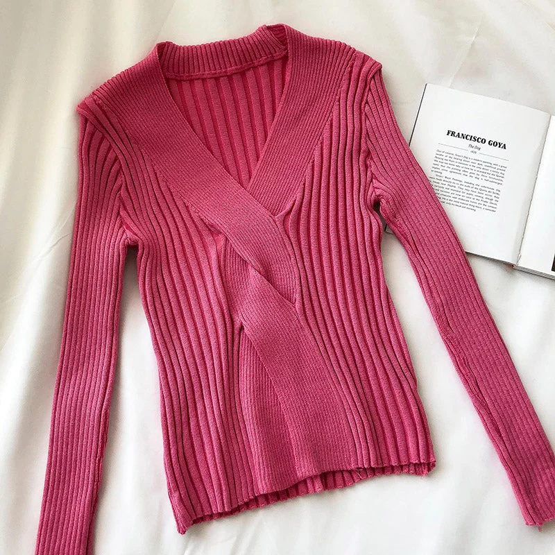V-neck slim long sleeve slim fit net red pit strip sweater women 6501 Long Sweater Short Sweater Cropped Sweater V-neck slim long sleeve slim fit net red pit strip sweater women 6501 Long Sweater Short Sweater Cropped Sweater