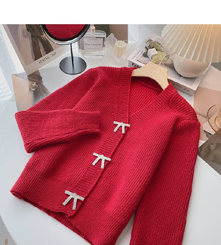 V-Neck Sweater Cardigan women's Korean bow button design top 6176 Hooded Caped Shawl Collar V-Neck Sweater Cardigan women's Korean bow button design top 6176 Hooded Caped Shawl Collar
