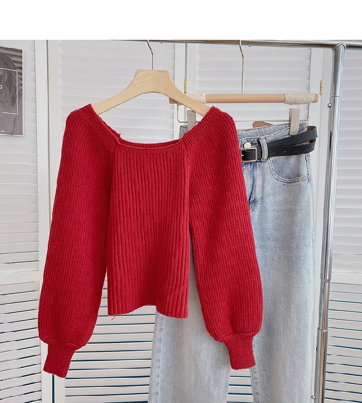 Vintage Lantern Sleeve square neck sweater looks thin and fashionable  6162 Cashmere Blend Cotton Blend Poly Blend