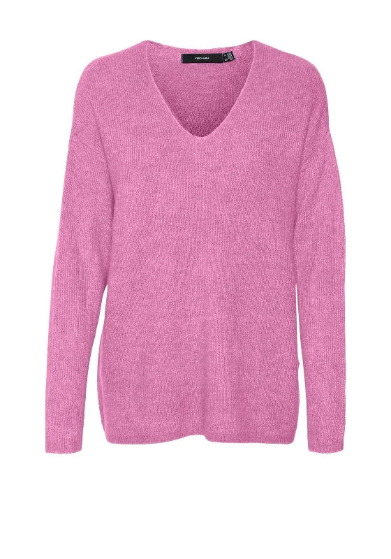 Vero Moda V Neck Ribbed Sweater, Pink Graphic Sweater Embroidered Appliqued