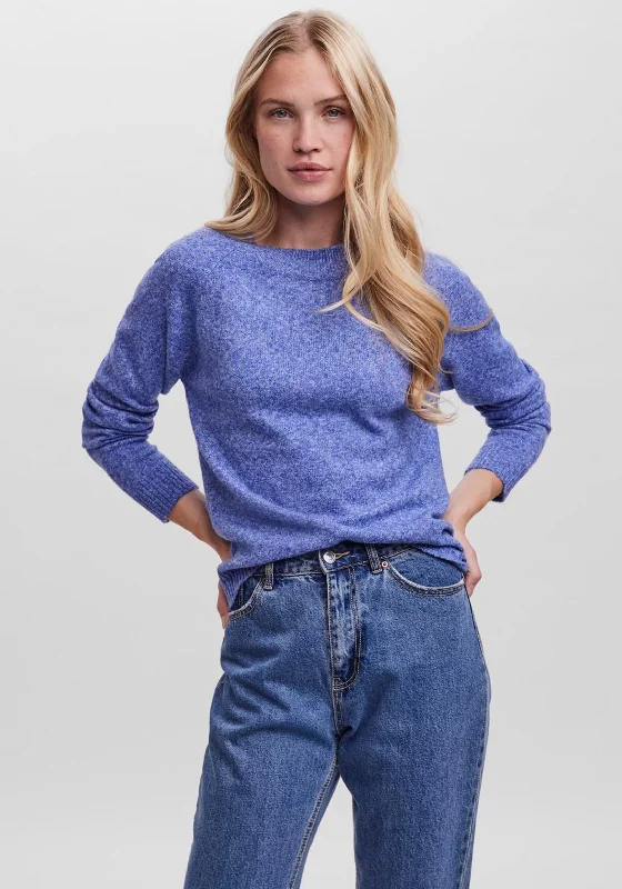 Vero Moda Doffy Round Neck Knit Jumper, Blue Solid Print Embellished