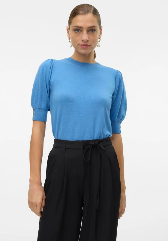 Vero Moda Holly Short Sleeve Sweater, Blue Cashmere Blend Cotton Blend Poly Blend