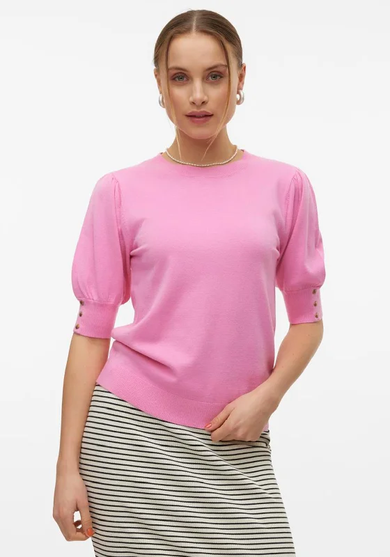 Vero Moda Holly Short Sleeve Sweater, Pink Embroidered Appliqued Beaded