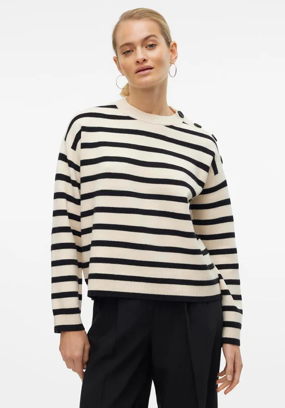 Vero Moda Saba Striped Boxy Jumper, Cream and Black Solid Print Embellished