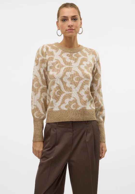 Vero Moda Tari Floral Print Jumper, Beige Mesh Sweater Canvas Denim