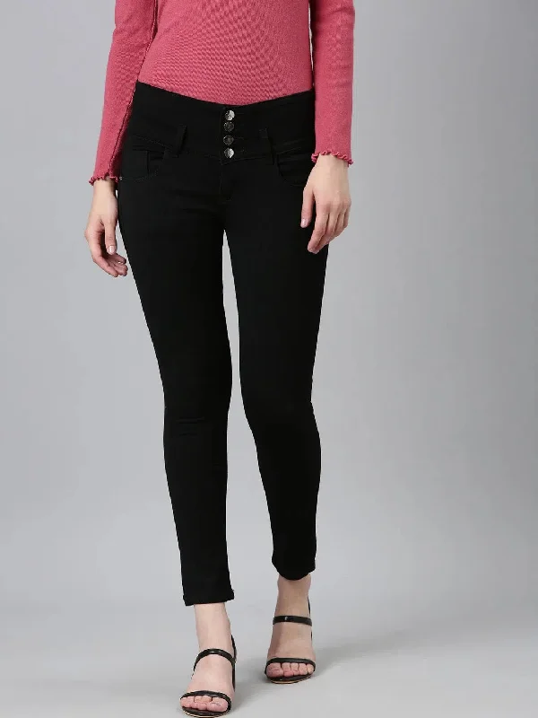 Women Black Solid Skinny Fit Denim Jeans-CR-7772-Black Classic Button Fly Jeans
