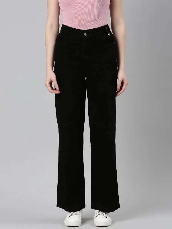 Women Black Solid Wide Leg Denim Jeans-IM-10293-Black Comfortable Flare Leg Jeans