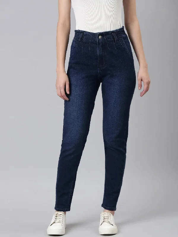 Women Blue Solid Mom Fit Denim Jeans-GZ-5498-2-Blue Comfortable Mid-Rise Jeans