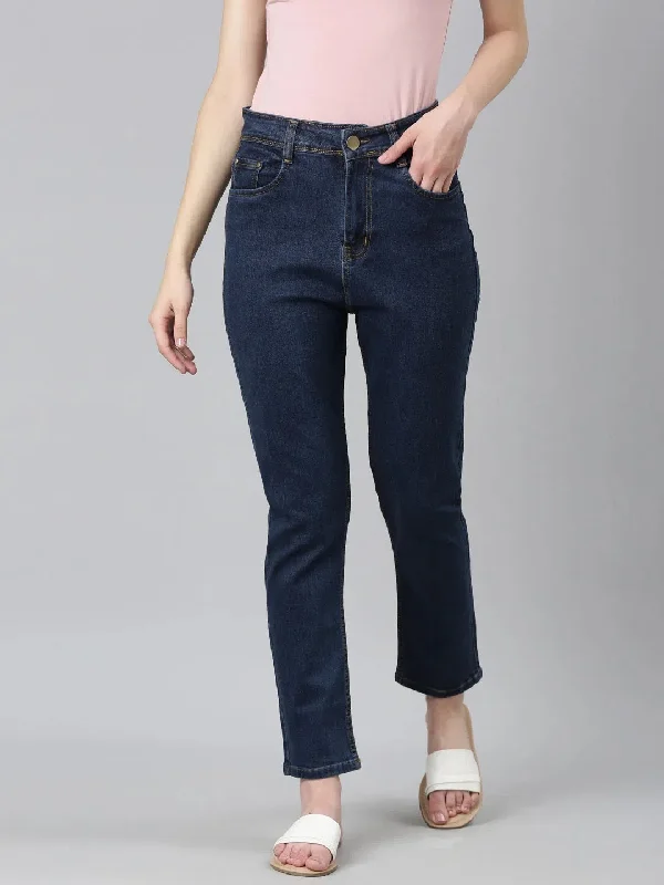 Women Blue Solid Regular Fit Denim Jeans-GZ-2587A-Blue Comfortable Folded Hem Jeans