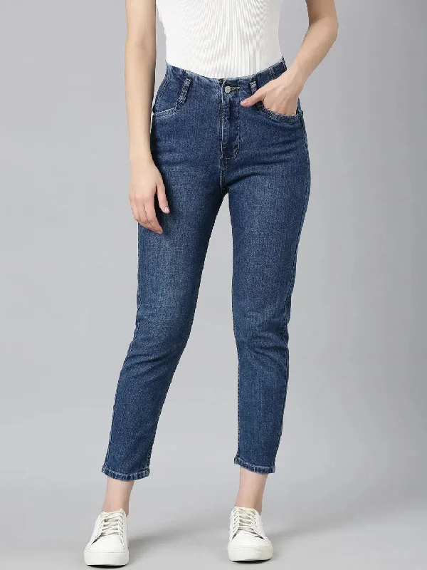 Women Blue Solid Slim Fit Denim Jeans-GZ-5490-2-Blue Stylish High-Waist Jeans