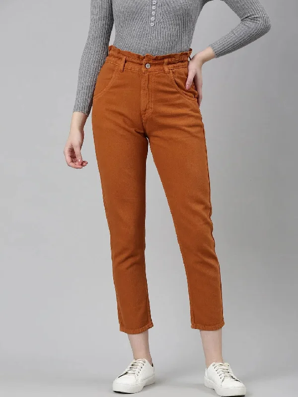 Women Tan Solid Regular Fit Denim Jeans-GZ-5550-Tan Comfortable Jogger Style Jeans