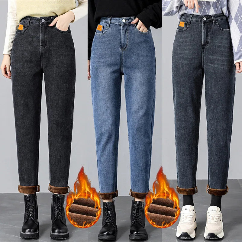 Women Thermal Harem Jeans Winter Snow Warm Stretch Baggy Jeans Lady Plus Size Chic Double Waistband Jeans Women Thermal Harem Jeans Winter Snow Warm Stretch Baggy Jeans Lady Plus Size Chic Double Waistband Jeans