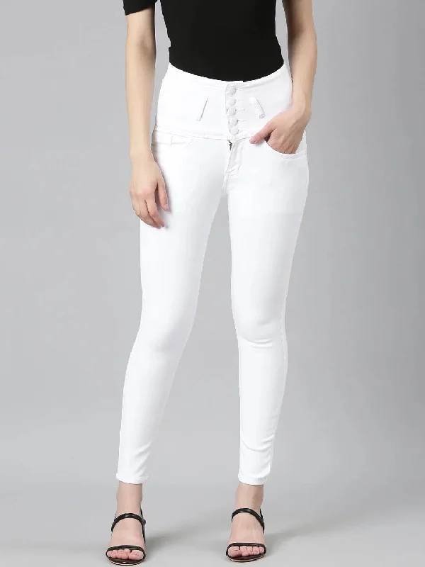 Women White Solid Slim Fit Denim Jeans-GZWHIDOB5B-White Trendy Skinny Fit Jeans