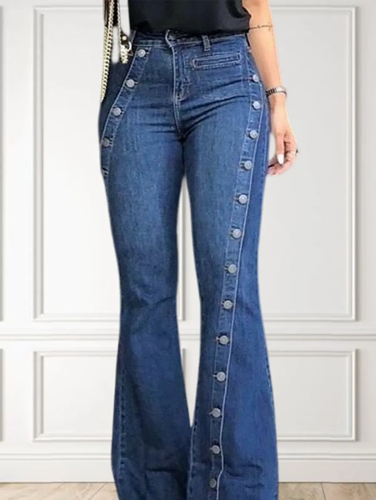 Women's Plus Size Plain Button Decor Flare Leg Long Denim Pants Flare Jeans Fashionable Distressed Jeans Women's Plus Size Plain Button Decor Flare Leg Long Denim Pants Flare Jeans Fashionable Distressed Jeans