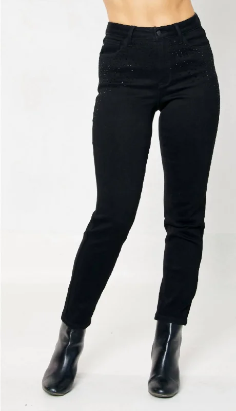 Women's Rhinestone Skinny Jeans In Black Chic Rolled Cuff Denim Jeans