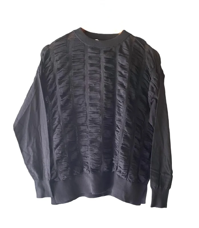 Women's Ruched Sweater In Black Real Fur Shearling Chenille
