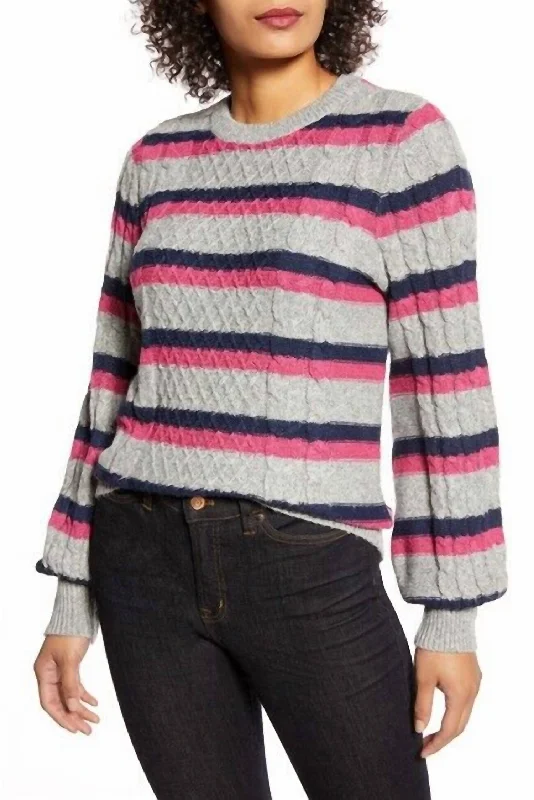 X Atlantic-Pacific Striped Cable Knit Lovely Stripe Sweater In Pink, Grey Chenille Brocade Lace X Atlantic-Pacific Striped Cable Knit Lovely Stripe Sweater In Pink, Grey Chenille Brocade Lace