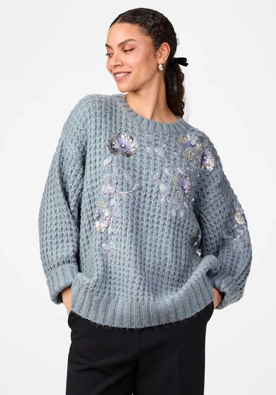Y.A.S Finda Embellished Floral Chunky Jumper, Dusty Blue Mesh Sweater Canvas Denim